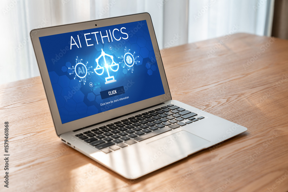 Poster ai ethics responsibility standard law and rules on computer screen provide report of ai ethic transp
