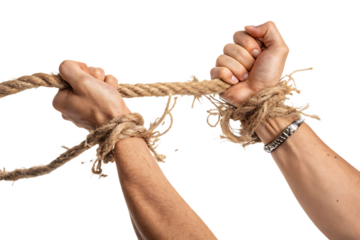 Tied hands tearing a whip or jute rope into pieces on a white on AI Generated by PNG