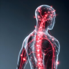 Human body with glowing red pain points on neural pathways illustrating pain or nerve stimulation, set against a dark blue background	
