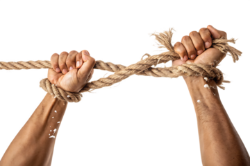 Tied hands tearing a whip or jute rope into pieces on a white on AI Generated by PNG