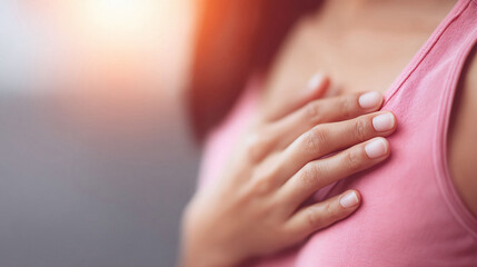 Womans hand resting gently on her chest.  Implies comfort, selfcare, or introspection. Soft light, shallow depth of field. Ideal for health, beauty or emotional wellbeing.