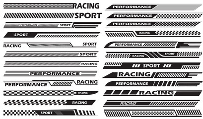 racing stripe vector set, race car vector, checkered flag designs, racing stripe speed, decal patterns, dynamic lines, competition, automotive graphics, black and white finish line motorsport. V6
