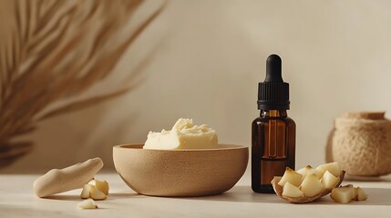 Minimalist setup with baobab oil dropper, small bowl of shea butter