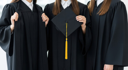 Three graduates in black gowns and caps celebrate their academic achievement together