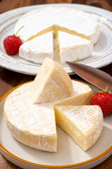 French soft cheeses collection, creamy cow's milk cheese le paysan and brie with white mold, France