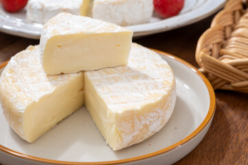 French soft cheeses collection, creamy cow's milk cheese le paysan and brie with white mold, France