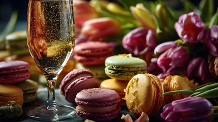 Vibrant Macarons with Tulip Bouquet and Sparkling Champagne Glass perfect for bakery promotions, brunch event flyers, floral brand advertising and celebratory social media posts