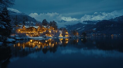 Fototapeta premium Serene winter village by a lake at dusk
