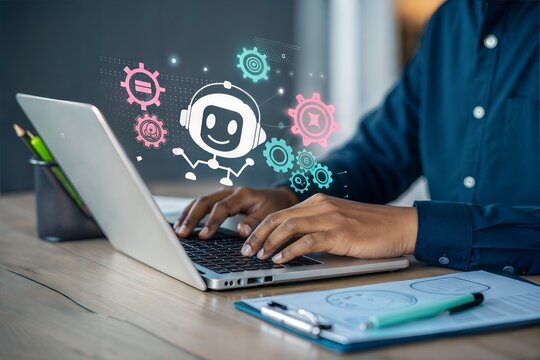 Person working on a laptop with glowing ai robot and gears interface overlay