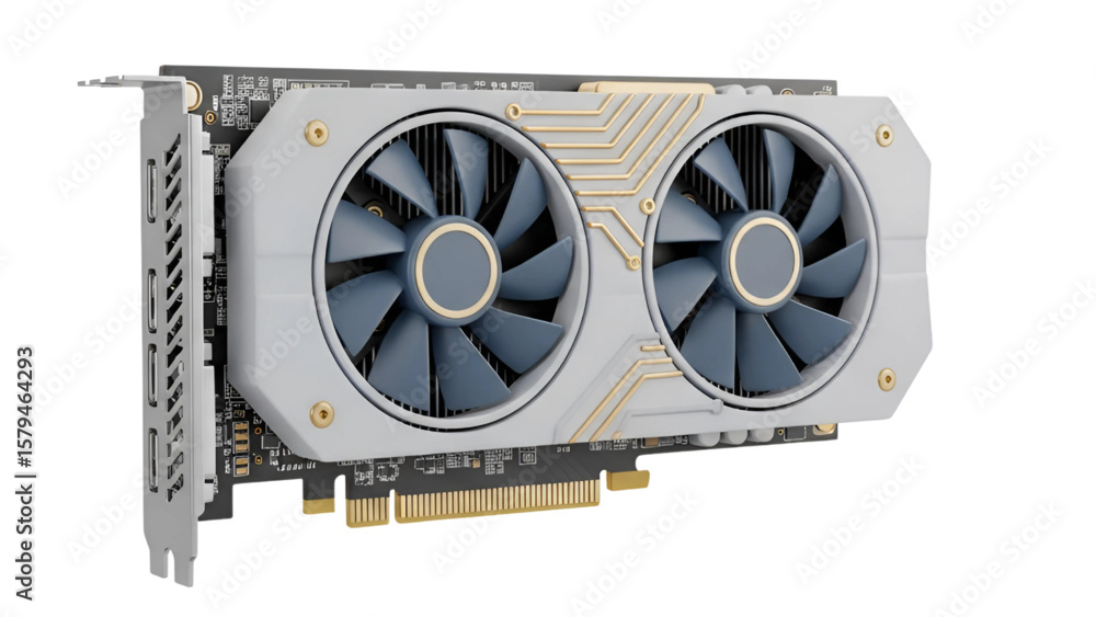 Poster modern computer graphics card with dual fans isolated on transparent background