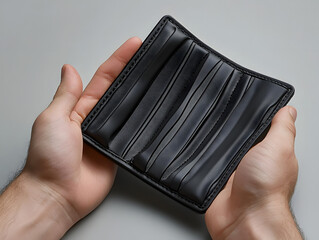 Hands holding a black leather wallet with pleated design on a gray background