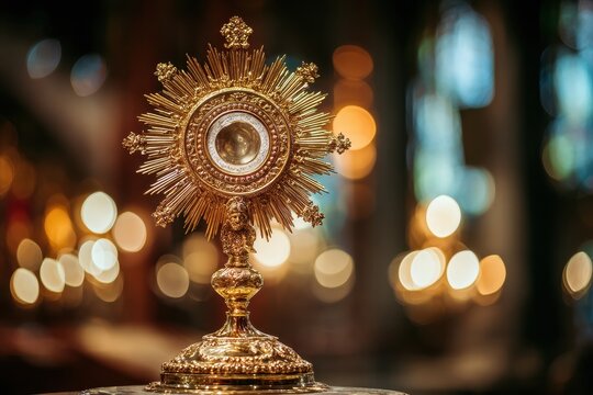 Sacred Communion. Monstrance Illuminated in Divine Bokeh, Symbolizing Belief in Christ and Catholic Faith