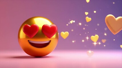 A golden emoji with heart eyes and floating hearts on a gradient background