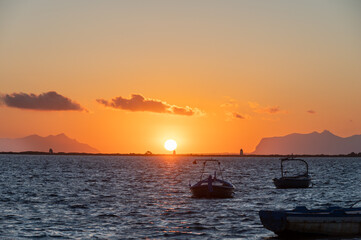 Sunset at Stagnone of Marsala, brackish lagoon and nature reserve near Marsala, Sicily, Italy,...
