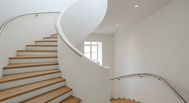 A bright and modern spiral staircase with wooden steps and a sleek metal railing