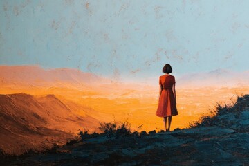Obraz premium Artistic Representation of a Solitary Woman Gazing at Distant Land, Acrylic and Watercolor Illustration