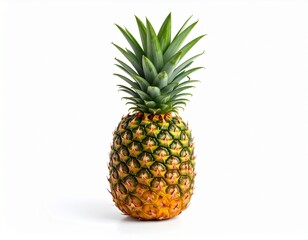 Fototapeta premium A whole ripe pineapple with sharp green leaves and golden spiked skin, standing upright on a white background