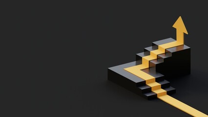 Career growth, business success, profit concept. Success in business, accomplishment or reaching business goal. Business graph with arrow with copyspace on black background.