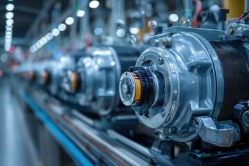 Obraz premium Industrial Power: Motor Machinery in a Factory Setting with No Personnel, Rows of Equipment and Pipes