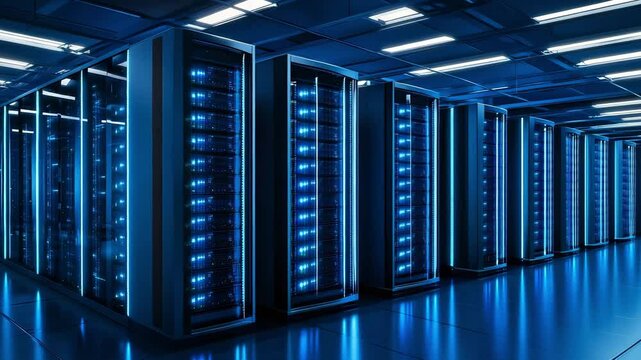 A tour through a high tech data center showcasing rows of servers illuminated by blue lights and cutting edge cooling mechanisms