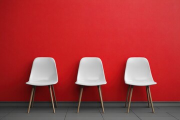 Trio of White Seating Against a Bold Red and Sleek Grey Wall in a Modern Office Setting