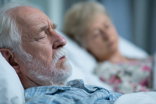 Senior Man in Hospital Bed Battling Lung Cancer, Coughing in Comforting Surroundings