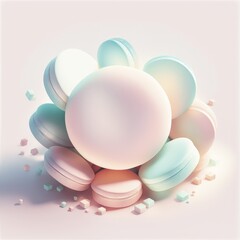 3d image of pastel color balls on a pink background