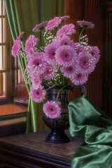 Still life with bouquet of pink daisies