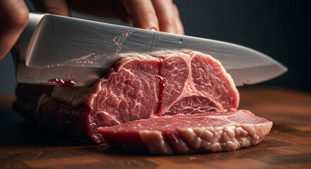 A person cutting raw meat with a knife
