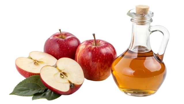 Apple cider vinegar with fresh red apples isolated on white background PNG. AI GENERATED.