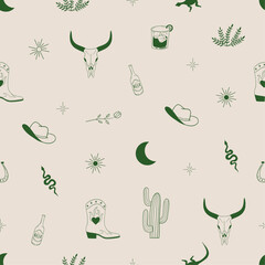 Wild west, western seamless pattern. Cowboy boot, hat, bull animal skull, snakes, cactus, beer, whiskey. Hand drawn vector illustration