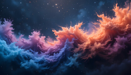 Fototapeta premium Abstract Cosmic Cloudscape: Dreamlike Nebula in Vibrant Hues of Blue, Purple, and Orange.