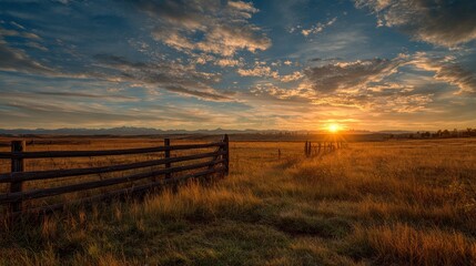 Serene Sunrise at the Ranch: Tranquil Morning Sky Behind a Rustic Fence