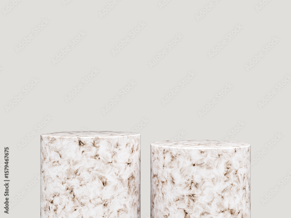 Poster balanced marble display pedestals with cloudy abstract pattern.