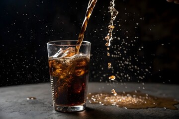 Dark Cola Pouring into Iced Glass; Dynamic Splash; Refreshing Beverage; Moody Atmosphere.