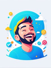 Naklejka premium happy smiling young guy with beard and mustache in headphones listening music on a yellow background. vector illustration.