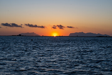Sunset at Stagnone of Marsala, brackish lagoon and nature reserve near Marsala, Sicily, Italy,...