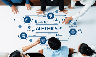 Engaging professionals collaborate around a table to discuss vital aspects of AI ethics, focusing...