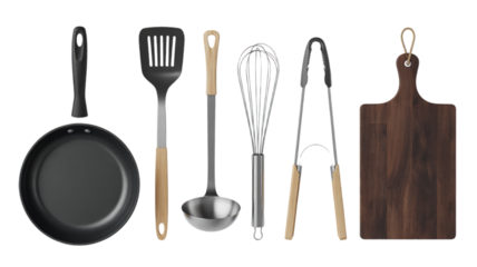 Essential Kitchen Utensil  Vector Set Pan, Spatula, Whisk, Tongs, and Cutting Board