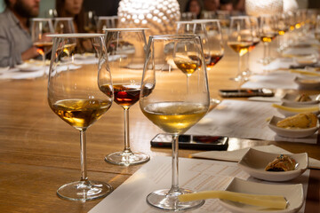 Visit of wine cellar with old large oak barrels, tasting of fortified dry or sweet tasty marsala wine in Marsala, Sicily, Italy