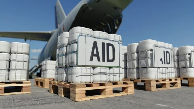 Boxes with humanitarian aid at an airport.
