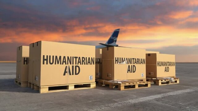 Boxes with humanitarian aid at an airport.