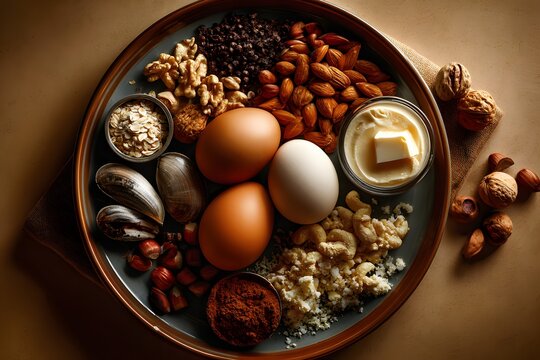 Assorted Food Allergens with Eggs Nuts Dairy and Gluten on Rustic Ceramic Plate perfect for nutrition posters, allergy awareness campaigns and medical blog illustrations