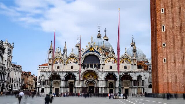 A grand cathedral with domes, statues, and tall red flags under a blue sky