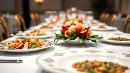 Gourmet wedding buffet table with decorative plates, focusing on a beautifully arranged centerpiece dish.