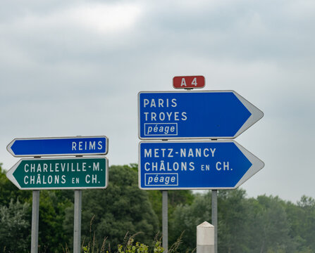 Driving in summer on highway and road signs direction to Reims and other French cities, different types or roads in France, transportation and traffic