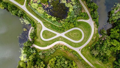 Aerial Shot of Winding Path Infinity Symbol Greenery Water