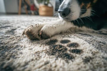 Adorable Canine Leaving Muddy Paw Tracks on a Dirty Rug in Cozy Apartment Setting