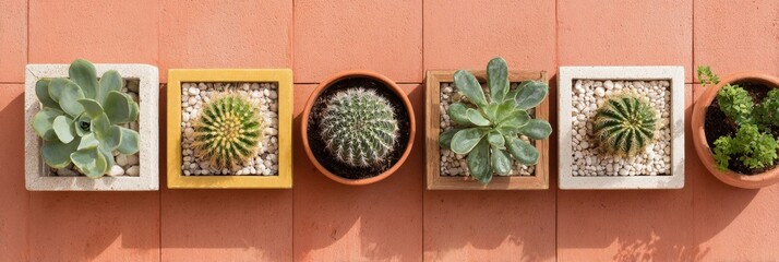 Minimalist composition of succulent plants growing in pots on a terracotta floor