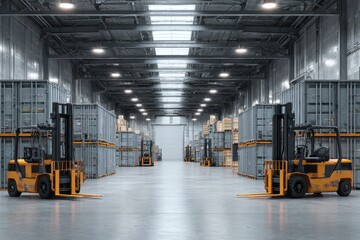 Vast Industrial Warehouse Interior Featuring Parked Forklifts and Shipping Containers in an Empty Space